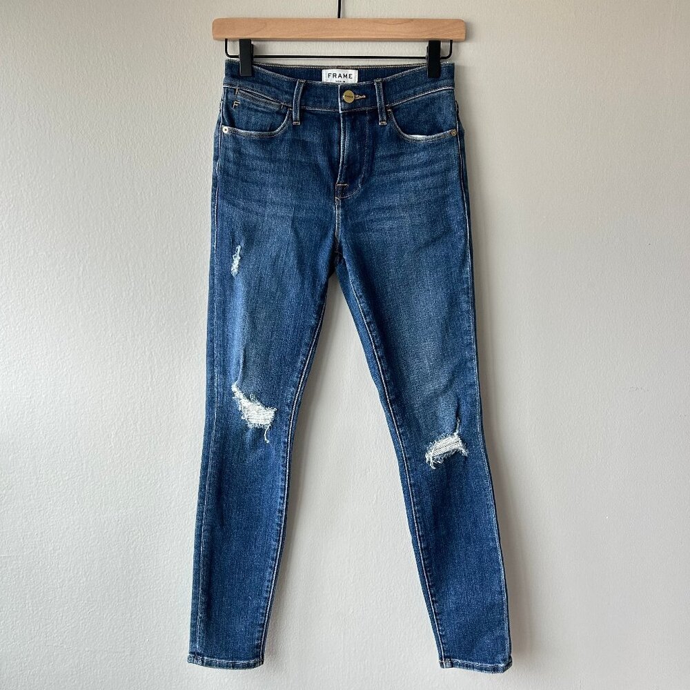 FRAME Le High Skinny Jeans Women 26 Clyde Distressed Medium Wash - Picture 2 of 11